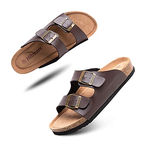 Pantoletten Herren Damen Sandalen Sommer Hausschuhe Tieffußbett Arch Support Schnallen Slides mit Kork Fußbett Flache Sommerschuhe Braun Größe 46 EU von Hitmars