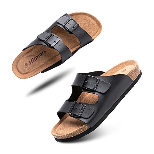 Pantoletten Herren Damen Sandalen Sommer Hausschuhe Tieffußbett Arch Support Schnallen Slides mit Kork Fußbett Flache Sommerschuhe Schwarz Größe 42 EU von Hitmars