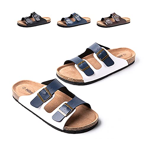 Pantoletten Herren Zehentrenner Leder Synthetik Flip Flops Fussbett Sommer Sandalen Männer Offener Zeh Slides Hausschuhe A Blau und Weiß 46 EU von Hitmars