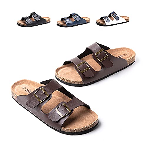 Pantoletten Herren Zehentrenner Leder Synthetik Flip Flops Fussbett Sommer Sandalen Männer Offener Zeh Slides Hausschuhe A Braun 45 EU von Hitmars