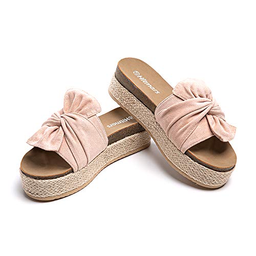 Plateau Pantoletten Damen Sandalen Espadrilles Keilabsatz Sommer Frauen Offener Zeh Hausschuhe Strand Platform Mules Slides Bequeme Beige 40 EU von Hitmars