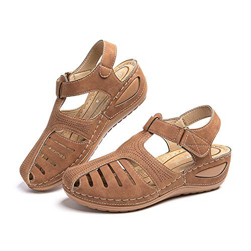 Hitmars Plateau Sandalen Damen Sommer Keilabsatz Pantoletten Geschlossene Slingback Wedges Sandaletten Halbschuhe Vintage A1-Braun Gr. 43 EU von Hitmars