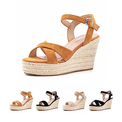 Sandalen Damen Bequeme Sommer Sandaletten Plateau Espadrilles Riemchensandalen Keilsandalen Wedge Sandals Slingback High Heels Braun EU 41 von Hitmars