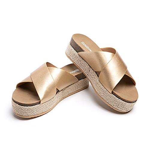 Sandalen Damen Pantoletten Keilabsatz Sommer Espadrilles Offener Zeh Cross Strap Strand Hausschuhe Frauen Plateau 5.3cm 1-Gold EU39 von Hitmars