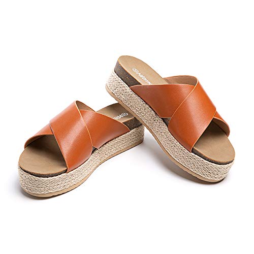 Sandalen Damen Pantoletten Keilabsatz Sommer Espadrilles Offener Zeh Cross Strap Strand Hausschuhe Frauen Plateau 5.3cm 1-Hellbraun EU39 von Hitmars
