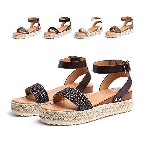 Sandalen Damen Sommer Espadrilles Frauen 5,5cm Plattform Sandaletten Kunstleder Strand Schnalle Schuhe Freizeit Weiche Fußbett Hausschuhe Bequem Leicht Schwarz Weiß Braun Grau 35-43 Dunkelbraun 39 von Hitmars