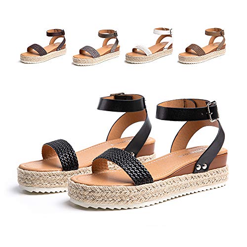 Sandalen Damen Sommer Espadrilles Frauen 5,5cm Plattform Sandaletten Kunstleder Strand Schnalle Schuhe Freizeit Weiche Fußbett Hausschuhe Bequem Leicht Schwarz Weiß Braun Grau 35-43 Schwarz 39 von Hitmars