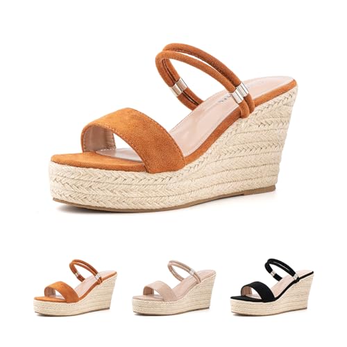 Sandalen Damen Sommer Sandaletten Plateau Espadrilles Riemchensandalen Keilsandalen Wedge Sandals Bequeme High Heels Slingback B Braun EU 40 von Hitmars