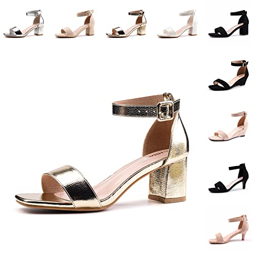 Sandalen Damen mit Absatz Sommer Sandaletten Schnalle Einstellbar Kunstleder Offener Leicht Blockabsatz 6cm 1-Gold-1 EU37 von Hitmars