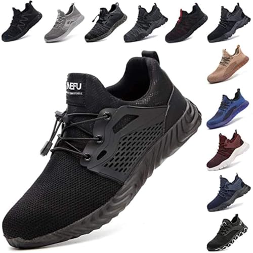 Sicherheitsschuhe Herren Leicht Arbeitsschuhe Damen Stahlkappe Schutz Atmungsaktiv Turnschuhe Mesh Wandern Sportlich Sneaker Schwarz Blau Grau Grün 36-48 EU Schwarz 48 von Hitmars