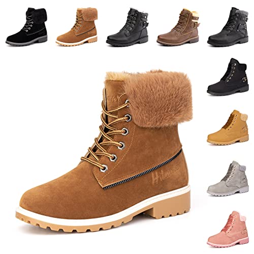 Winterschuhe Damen Boots Warme Gefüttert Stiefeletten Frauen Winterstiefel Rutschfest Kurzschaft Mit Blockabsatz Elegant B Braun 36 EU von Hitmars