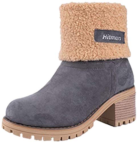 Winterstiefel Damen Kurzschaft Stiefel Mit Absatz 6CM Stiefeletten Warme Gefüttert Schlüpfen Winterboots Frauen Boots Wildleder Elegant Grau EU 38 von Hitmars