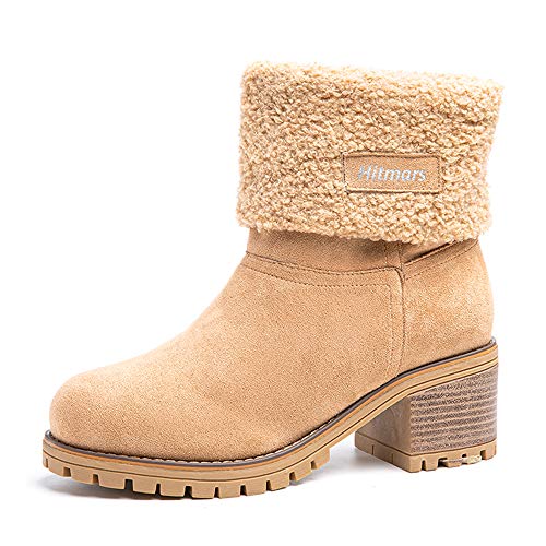 Winterstiefel Damen Kurzschaft Stiefel Mit Absatz 6CM Stiefeletten Warme Gefüttert Schlüpfen Winterboots Frauen Boots Wildleder Elegant Khaki EU 42 von Hitmars