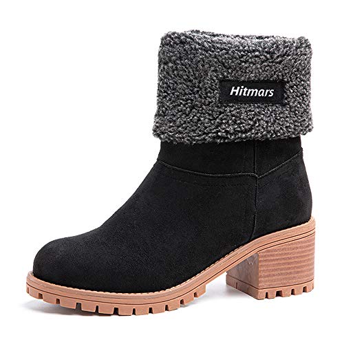 Winterstiefel Damen Kurzschaft Stiefel Mit Absatz 6CM Stiefeletten Warme Gefüttert Schlüpfen Winterboots Frauen Boots Wildleder Elegant Schwarz 41 EU von Hitmars