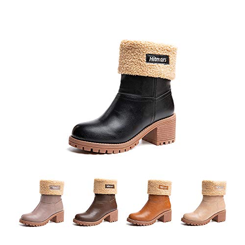 Winterstiefel Damen Stiefel Mit Absatz Stiefeletten Warme Gefüttert Winterboots Schlüpfen Frauen Boots Wildleder Elegant Schwarz EU 37 von Hitmars