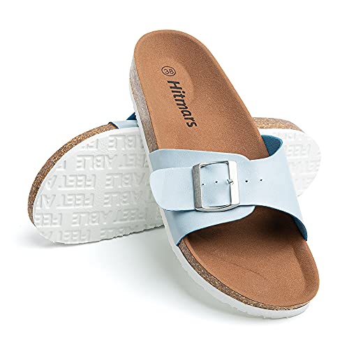 Zehentrenner Damen Sandalen Pantoletten Frauen Sommer Arch Support Schnallen Slippers mit Kork Fußbett Flache Blau Größe 40 von Hitmars