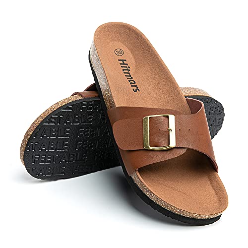 Zehentrenner Damen Sandalen Pantoletten Frauen Sommer Arch Support Schnallen Slippers mit Kork Fußbett Flache Braun Größe 42 von Hitmars