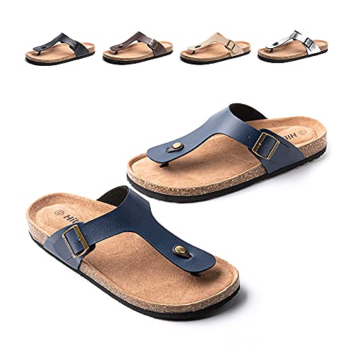 Zehentrenner Herren Pantoletten Leder Synthetik Flip Flops Fussbett Sommer Sandalen Offen Slides Männer Hausschuhe B Blau 46 EU von Hitmars