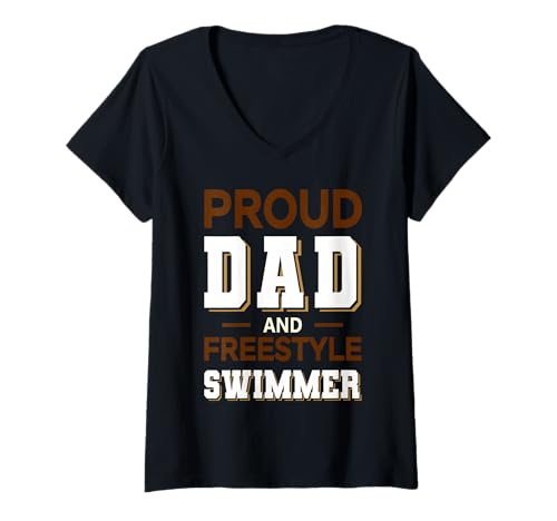 Damen Proud Dad Freestyle Swimmer Design braun weiß T-Shirt mit V-Ausschnitt Damen Proud Dad Freestyle Swimmer Design braun weiß T-Shirt mit V-Ausschnitt von Hito & Ece Family Love