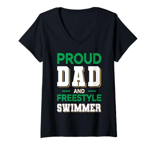 Damen Proud Dad Freestyle Swimmer Design dunkelgrün weiß T-Shirt mit V-Ausschnitt Damen Proud Dad Freestyle Swimmer Design dunkelgrün weiß T-Shirt mit V-Ausschnitt von Hito & Ece Family Love
