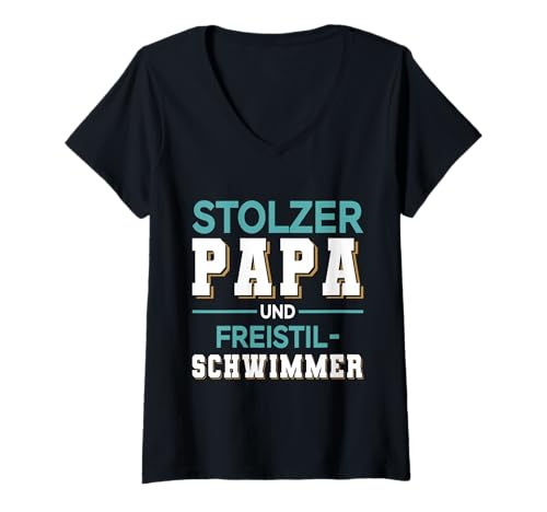 Damen Stolzer Papa Freistil Schwimmer Design halb türkis T-Shirt mit V-Ausschnitt Damen Stolzer Papa Freistil Schwimmer Design halb türkis T-Shirt mit V-Ausschnitt von Hito & Ece Family Love