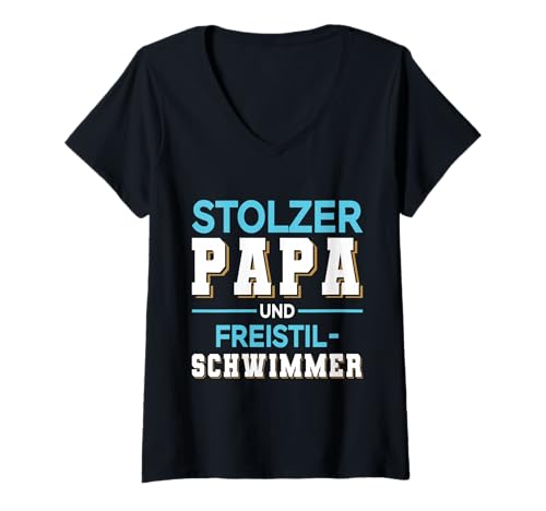 Damen Stolzer Papa Freistil Schwimmer Design hellblau weiß T-Shirt mit V-Ausschnitt Damen Stolzer Papa Freistil Schwimmer Design hellblau weiß T-Shirt mit V-Ausschnitt von Hito & Ece Family Love