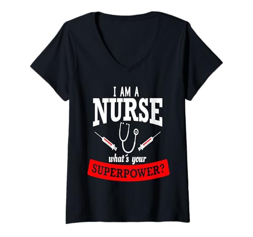 Damen Lustiges Krankenschwester-Superpower-Geschenk-Design für Krankenschwestern, Rot/Weiß T-Shirt mit V-Ausschnitt Damen Lustiges Krankenschwester-Superpower-Geschenk-Design für Krankenschwestern, Rot/Weiß T-Shirt mit V-Ausschnitt von Hito & Ece Funny Job Quotes