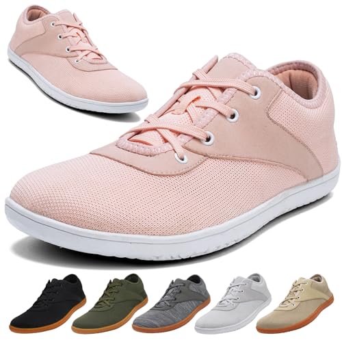 Hitopteu Barfußschuhe Damen Herren Breite Sneaker Bequeme Leicht Atmungsaktiv Walkingschuhe Fitnessschuhe Traillaufschuhe Barfuss Schuhe,Rosa 41 EU von Hitopteu