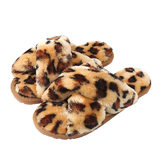 Hitopteu Hausschuhe Damen Plüsch Winter Flauschig Pantoffeln Warm Bequeme Slippers Offener Zeh Haus Kuschelig Hausschuhe für Damen Leopard Braun EU 41/42 für Etikettengröße 42/43 von Hitopteu