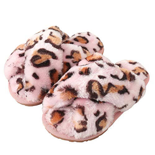 Hitopteu Hausschuhe Damen Plüsch Winter Flauschig Pantoffeln Warm Bequeme Slippers Offener Zeh Haus Kuschelig Hausschuhe für Damen Leopard Rosa EU 37/38 für Etikettengröße 38/39 von Hitopteu