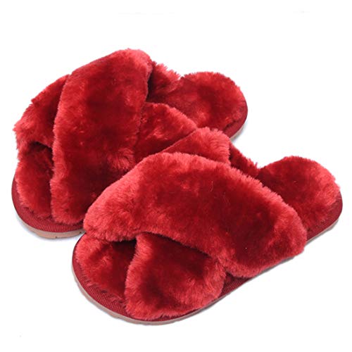 Hitopteu Hausschuhe Damen Plüsch Winter Flauschig Pantoffeln Warm Bequeme Slippers Offener Zeh Haus Kuschelig Hausschuhe für Damen rot EU 35/36 für Etikettengröße 36/37 von Hitopteu