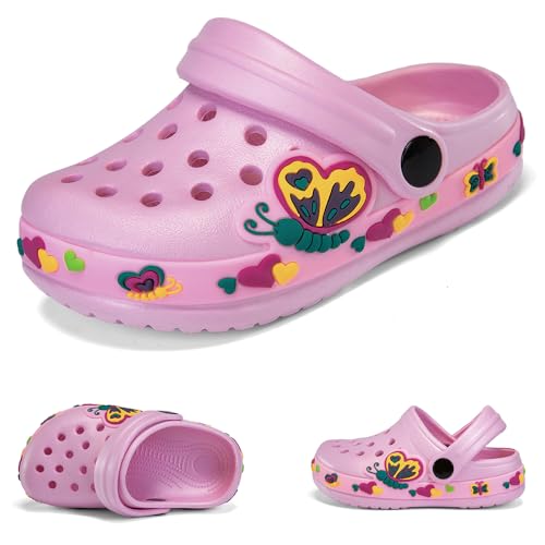 Hitopteu Kinder Clogs Dinosaurier Gartenschuhe Pantoffeln Gartenclogs Pink Schmetterling EU 26 von Hitopteu