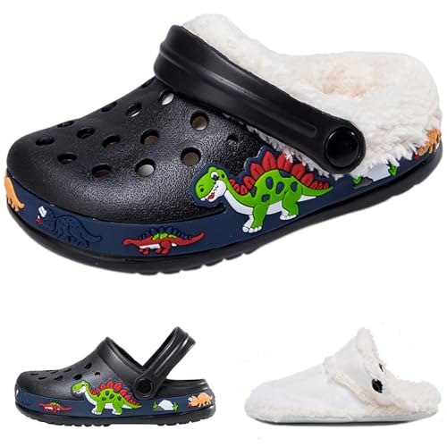 Hitopteu Kinder Clogs Jungen Mädchen Dinosaurier Gartenschuhe Pantoffeln Gartenclogs Strand Hausschuhe Dunkel Winter Schwarz EU 26 von Hitopteu