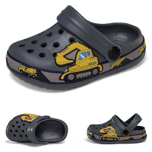 Hitopteu Kinder Clogs Jungen Mädchen Dinosaurier Gartenschuhe Pantoffeln Gartenclogs Strand Hausschuhe Grau Bagger EU 27 von Hitopteu