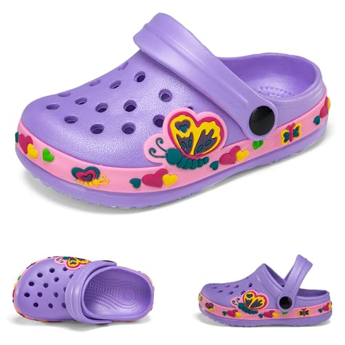 Hitopteu Kinder Clogs Jungen Mädchen Dinosaurier Gartenschuhe Pantoffeln Gartenclogs Strand Hausschuhe Violett Schmetterling EU 32 von Hitopteu
