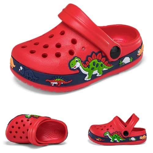 Hitopteu Kinder Clogs Jungen Mädchen Dinosaurier Gartenschuhe Pantoffeln Gartenclogs Strand Hausschuhe Rot Dinosaur EU 28 von Hitopteu