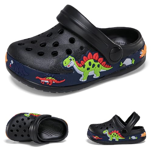 Hitopteu Kinder Clogs Jungen Mädchen Dinosaurier Gartenschuhe Pantoffeln Gartenclogs Strand Hausschuhe Schwarz Dinosaur EU 26 von Hitopteu