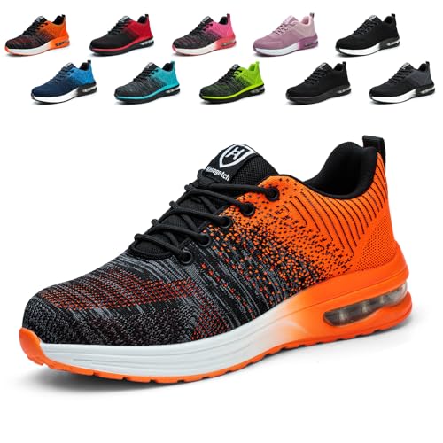 Hitopteu Sicherheitsschuhe Herren Arbeitsschuhe Damen Leicht Sportlich Arbeitsturnschuhe mit Stahlkappe rutschfest Atmungsaktiv Orange 45 EU 275 von Hitopteu
