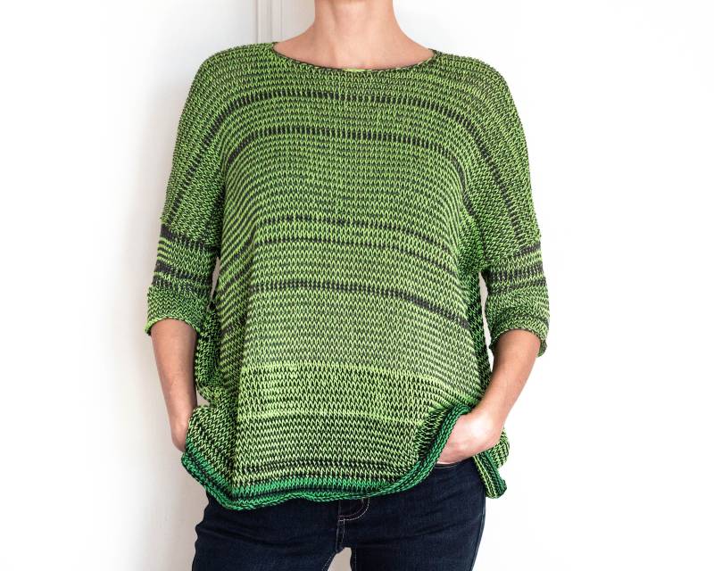 Gestrickter Baumwollpullover Gestreiftes Apfelgrünes Lockeres Sommer-T-Shirt Rundhalsausschnitt Kurzarmpullover Damen Weit Top Oversize Vegan von HitsKnits