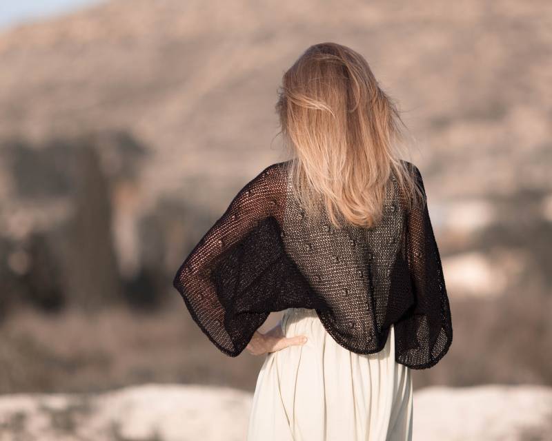 Schwarz Schiere Bolero Plus Größe Vertuschen Vorne Offen Shrug Sommer Hand Stricken Schwarze Frauen Strickjacke Kimono Halbe Ärmel Baumwolle von HitsKnits