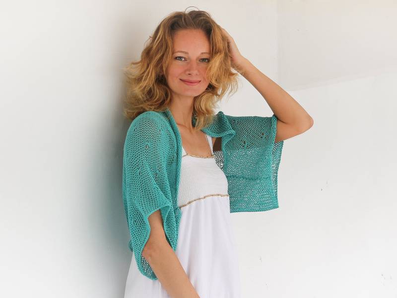 Türkiser Shrug Bolero Handgestrickter Pullover Kurzarm Plus Größe Frauen Baumwolle Strickpullover Kimono Sommer von HitsKnits