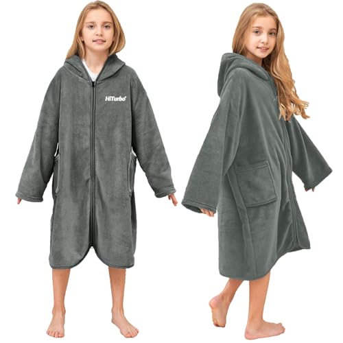 Hiturbo Kinder-Bademantel mit Kapuze: Wickel-Reißverschluss, Bademantel, Poncho, Frottee, für Schwimmen, Strand, Surfen, Zuhause, grau, 7-14 Years von Hiturbo