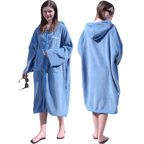 Hiturbo Surf Poncho Zipper Towel Hoodie: Oversized Hooded Changing Robe with Pocket - Fleece Swimwear for Home Beach Bath, Blau, Einheitsgröße von Hiturbo