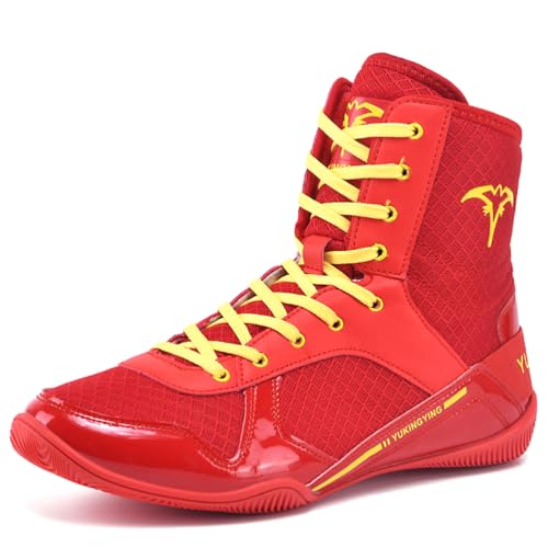 Hiuzylqx BoxenSchuhe Herren Fitness Wrestling Schuhe Atmungsaktiv Muay Thai Kickboxen Sparring High Top Gummisohle ringerschuhe,Rot,45 EU von Hiuzylqx
