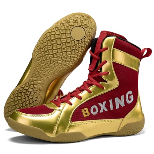 Hiuzylqx BoxenSchuhe Herren High Top Ringerschuhe rutschfeste Atmungsaktiv Boxstiefel Bodybuilding Squat Schuhe Kraftsport,Gold red,43 EU von Hiuzylqx