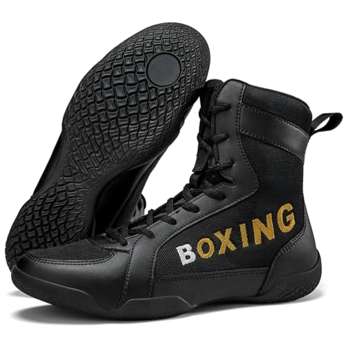Hiuzylqx BoxenSchuhe Herren High Top Ringerschuhe rutschfeste Atmungsaktiv Boxstiefel Bodybuilding Squat Schuhe Kraftsport,Schwarz,45 EU von Hiuzylqx