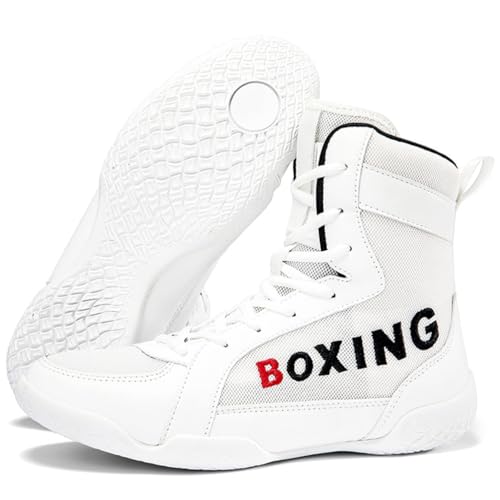 Hiuzylqx BoxenSchuhe Herren High Top Ringerschuhe rutschfeste Atmungsaktiv Boxstiefel Bodybuilding Squat Schuhe Kraftsport,Weiß,39 EU von Hiuzylqx