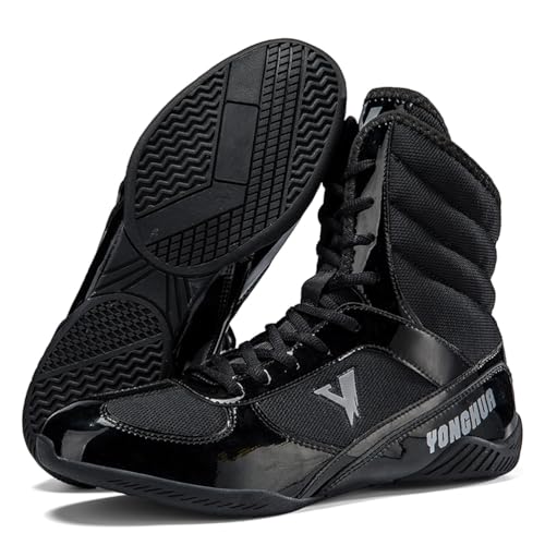 Hiuzylqx Boxenschuhe Herren Hoher Schaft Ringerschuhe rutschfeste Atmungsaktiv Stiefel Kickbox Kampfsportschuhe Hallen- & Fitnessschuhe,Schwarz,45 EU von Hiuzylqx