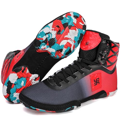 Hiuzylqx Boxschuhe Herren Boxstiefel Leder Combat Trainingsschuhe Ringerschuhe rutschfeste und atmungsaktive High Top Fitnesschuhe Bodybuilding,Black red,45 EU von Hiuzylqx