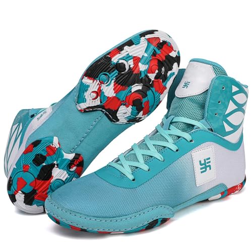 Hiuzylqx Boxschuhe Herren Boxstiefel Leder Combat Trainingsschuhe Ringerschuhe rutschfeste und atmungsaktive High Top Fitnesschuhe Bodybuilding,White Blue,44 EU von Hiuzylqx